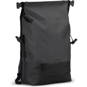 A black Fjord Backpack with adjustable straps and a zipped front pocket. The design is sleek and modern.