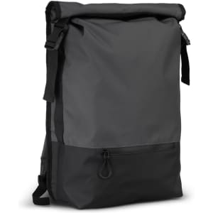 A grey Fjord Backpack featuring a roll-top design with a black base and a front zip pocket.