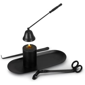 A black candle accessory set featuring a candle, holder, snuffer, wick trimmer, and tray, all in sleek design.