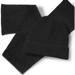 A black beanie and matching scarf set on a white background, featuring a textured ribbed design.