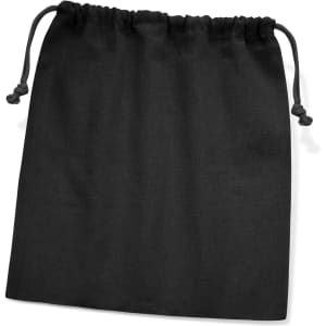 A large black cotton gift bag with a drawstring closure and no visible branding.