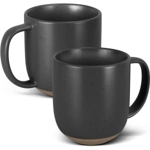 A set of two dark grey ceramic mugs with a textured finish and a contrasting base. Each mug has a handle and a logo.