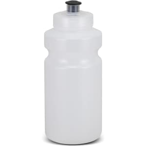 A drink bottle with a translucent white body and a black cap, featuring a simple design and a logo.