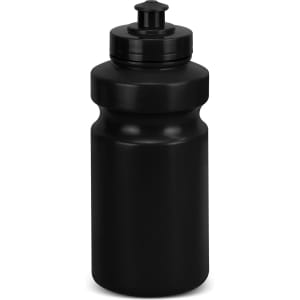 A drink bottle in matte black with a screw-on lid and a spout, featuring a simple logo.
