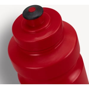 A red drink bottle with a black spout and a rounded top, featuring a logo.