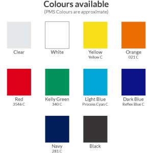 A selection of drink bottle colours including clear, white, yellow, orange, red, green, light blue, dark blue, navy, and black.