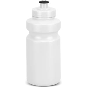 A drink bottle in white with a black screw cap and a simple, smooth design. It features a logo.