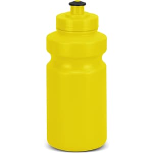 A drink bottle in bright yellow with a black push-pull cap and a smooth, rounded body. It features a logo.
