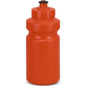 A drink bottle in bright orange with a black lid, featuring a simple, rounded design and a logo.