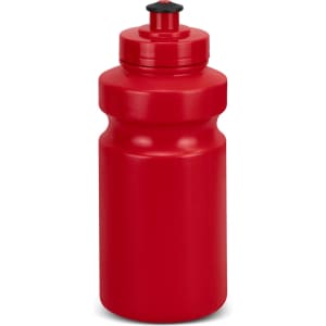 A red drink bottle with a black lid, featuring a simple design and a rounded body for easy grip.