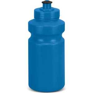 A drink bottle in bright blue, featuring a screw-on lid and a simple design. It includes a logo on the side.