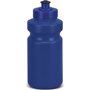 A blue drink bottle with a wide body and a black flip-top lid. It features a logo on the side.