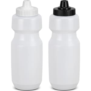 A drink bottle in white and black, featuring a sleek, minimalist design with caps ready for use.