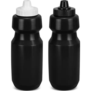 A drink bottle set in black with contrasting black and white caps, featuring a logo on each bottle.
