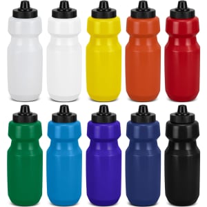 A drink bottle collection featuring a variety of colours, including white, yellow, orange, red, green, blue, and black. Each has a lid.