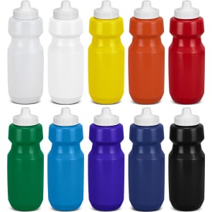 A drink bottle collection featuring white, yellow, orange, green, blue, purple, navy, and black colours with caps.