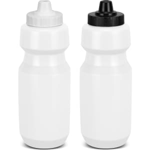 A drink bottle set featuring two white bottles, one with a grey cap and the other with a black cap. Each has a logo.