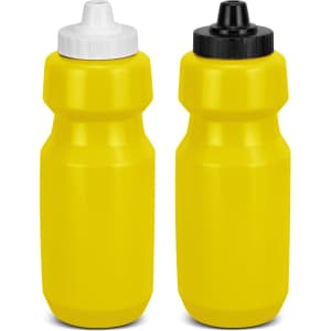 A drink bottle set featuring two bright yellow bottles with black and white lids. Each bottle has a logo.