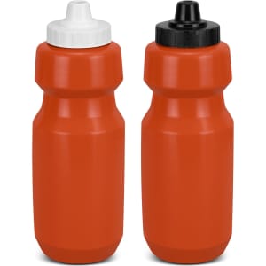 A drink bottle in orange with two cap options: one white and one black. It features a simple design and a logo.