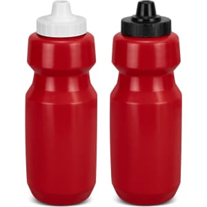 A drink bottle set featuring two red bottles with white and black caps, each with a logo.