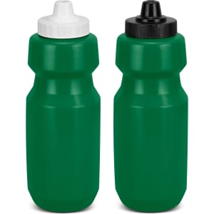 A drink bottle duo featuring green plastic design with white and black caps, each with a nozzle top.