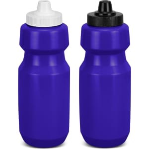 A drink bottle set in vibrant purple, featuring white and black caps, with a simple design and a logo.