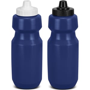 A drink bottle set in navy blue with white and black screw-on lids. Features a smooth surface and a logo.