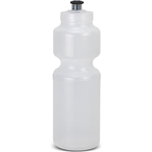 A drink bottle in clear plastic with a black nozzle cap and an ergonomic shape for comfortable handling.