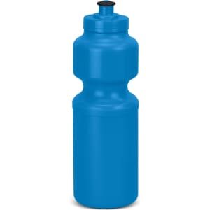 A drink bottle in bright blue with a twist cap and a curved design. It features a logo on the front.
