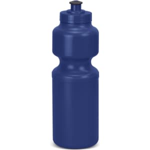 A drink bottle in navy blue with a curvy design and a screw-top lid. It features a logo.