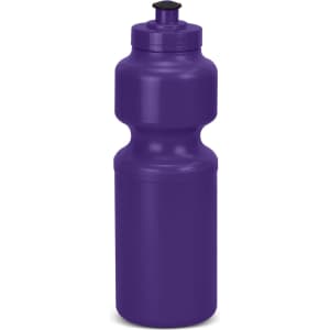 A drink bottle in vibrant purple with a ribbed design and a screw-on lid, featuring a logo.