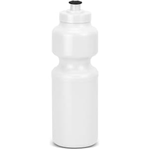 A drink bottle in white with a black lid, featuring a contoured design and a logo on the side.