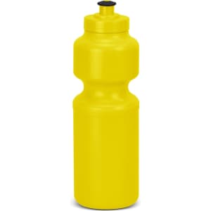 A drink bottle in bright yellow with a screw top lid and a rounded body. It features a logo.
