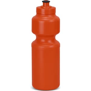 A drink bottle in bright orange with a twist cap and a logo on the surface.