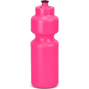 A drink bottle in vibrant pink with a black cap and a contoured shape, featuring a logo on the front.