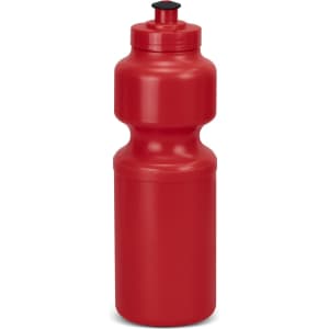 A red drink bottle with a twist cap and a contoured design, featuring a logo on its surface.