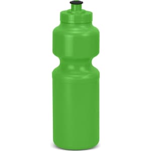 A drink bottle in bright green with a twist-off lid and a logo on the body.