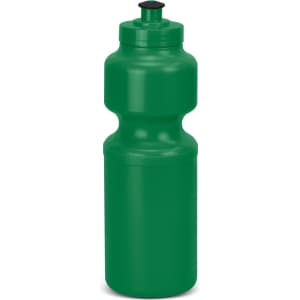 A green drink bottle with a narrow top and a wide body. It has a simple design and a black cap.