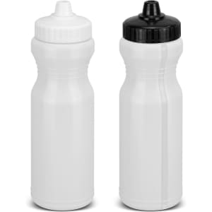 A drink bottle in white and black with a secure nozzle, featuring a logo on the body.