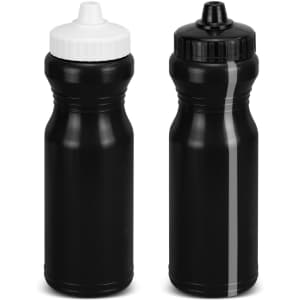 A drink bottle set featuring two black bottles, one with a white cap and the other with a black cap. Each has a logo.
