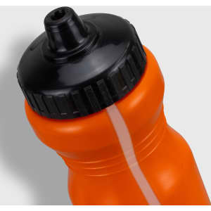 A drink bottle in bright orange with a black nozzle and cap, featuring a textured grip.