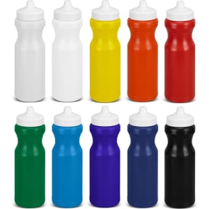 A drink bottle assortment featuring white, yellow, orange, red, green, blue, purple, and black options, each with a white cap.