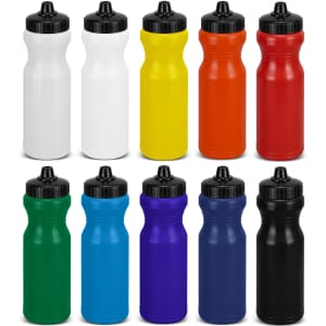 A drink bottle collection in various colours: white, yellow, orange, red, green, blue, purple, black, and grey, with black caps.