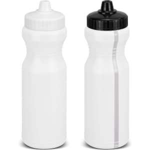 A drink bottle featuring a white body with a black lid and a white stripe, and another completely white bottle.