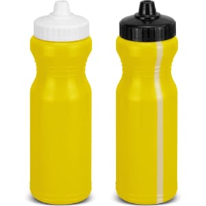 A drink bottle featuring a bright yellow body with black and white caps, and a simple design with a logo.