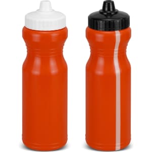 A drink bottle with a bright orange body, featuring black and white caps and a logo on the surface.