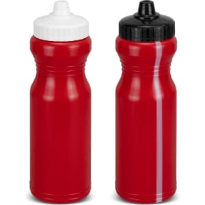 A drink bottle duo in vibrant red, featuring white and black caps, with branding visible on each bottle.