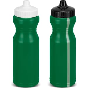 A drink bottle, green in colour, with one sporting a white cap and the other a black cap. Both feature a logo.