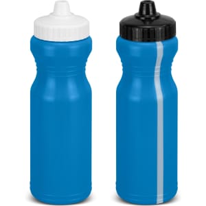 A drink bottle set featuring two blue bottles with white and black screw-on lids and a central stripe. Each bottle has a logo.