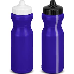 A drink bottle in vibrant purple with two lid options: black and white. The bottle features a logo on its body.